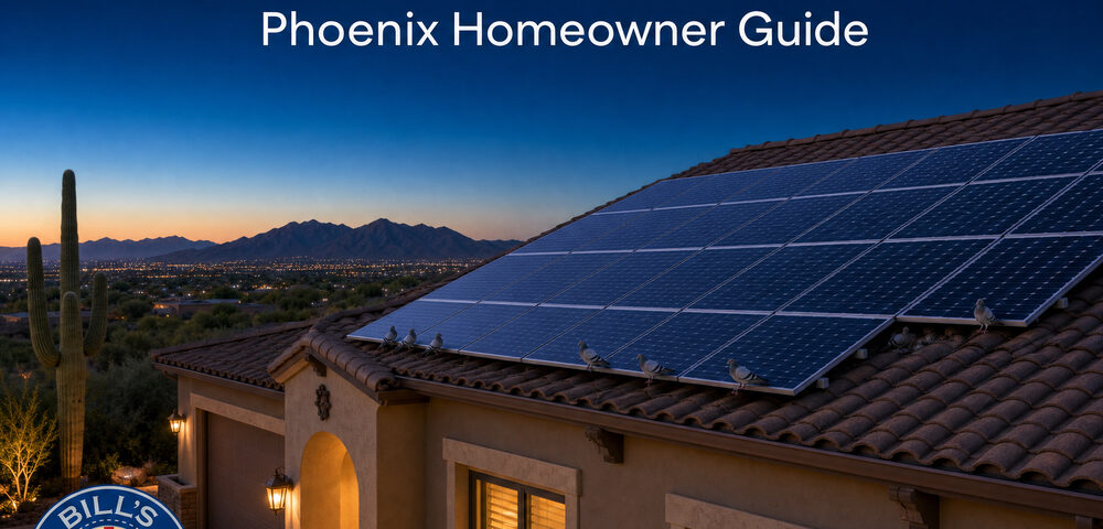 Pigeons under solar panels on a Phoenix home