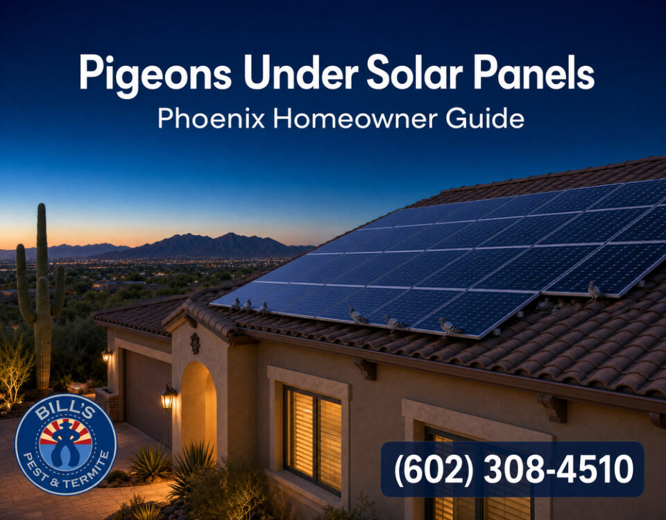 Pigeons under solar panels on a Phoenix home